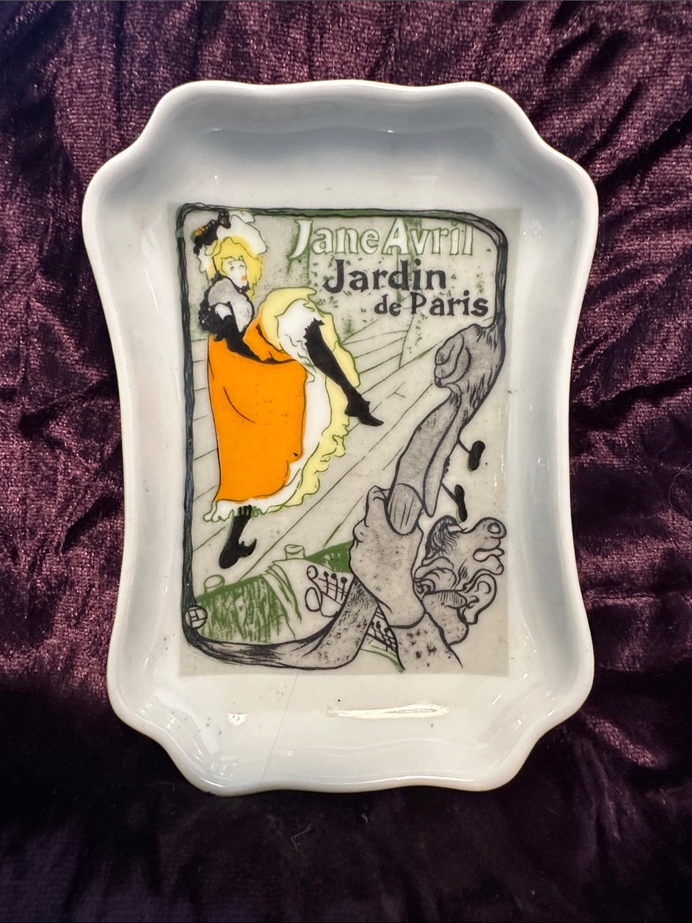 Decorative Porcelain Dish with Orange and Black Art Nouveau Illustration